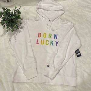 Lucky Brand White “Born Lucky” Hoodie Sweatshirt NWT